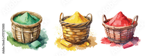 Three baskets of coloured powder