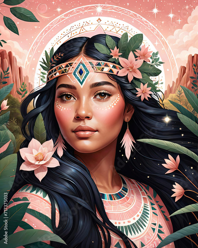 Modern Flat Close-Up Portrait Design Illustration of a Full-Figured Very Fair-Skinned Indigenous Australian Young Woman Surrounded by Nature Gen AI photo