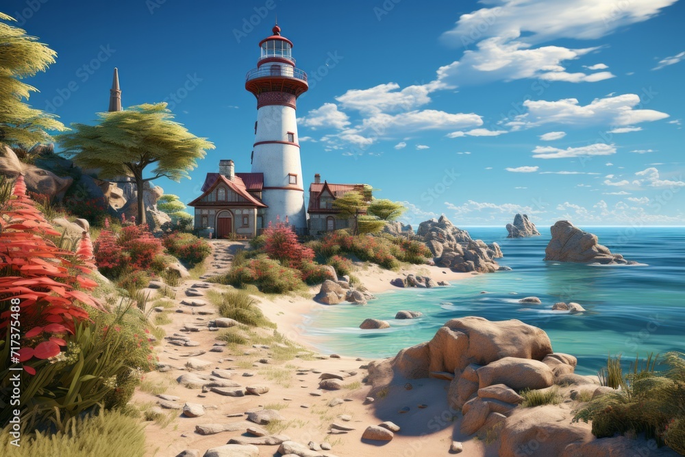 Charming Lighthouse on a Tranquil Island Shoreline, on an isolated Azure Blue background, Generative AI