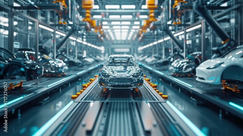 Automated robotics futuristic electric cars factory production line as wide banners with statistics of production and efficiency as wide banner with copy space area - Generative AI © Jennifer