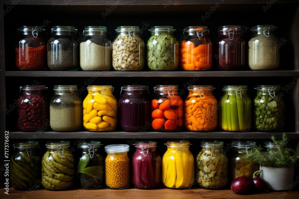 Pantry stocked with glass jars filled with homemade preserves and pickles, Generative AI Pantry stocked with glass jars filled with homemade preserves and pickles, Generative AI