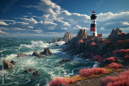 Coastal Lighthouse on an Isolated Island, Overlooking a Calm Sea, on an isolated Deep Blue background, Generative AI
