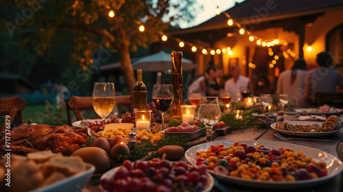 a big table for food in front of a house and people at table