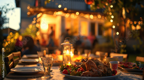 a big table for food in front of a house and people at table photo