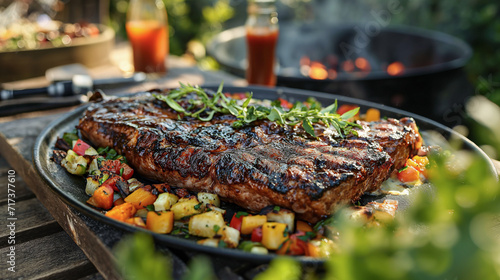 Grill steak and fresh vegetables salad served and an open wine bottle on top of a wooden table outdoor garden, generative, AI