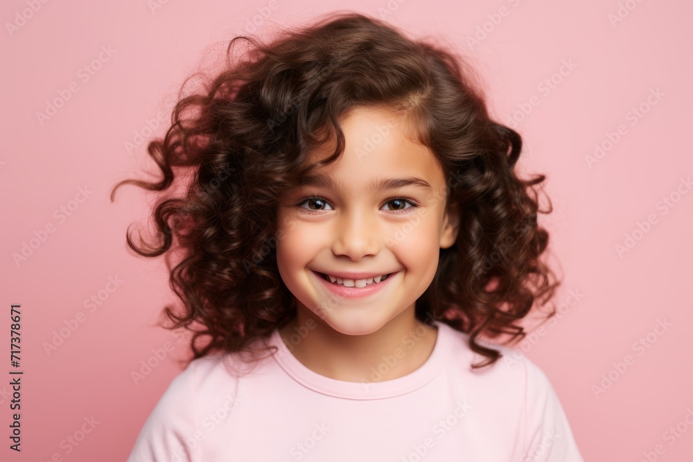 smiling little girl with curly hair looking at camera isolated on pink smiling little girl with curly hair looking at camera isolated on pink