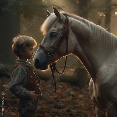 Niño con caballo en el bosque
