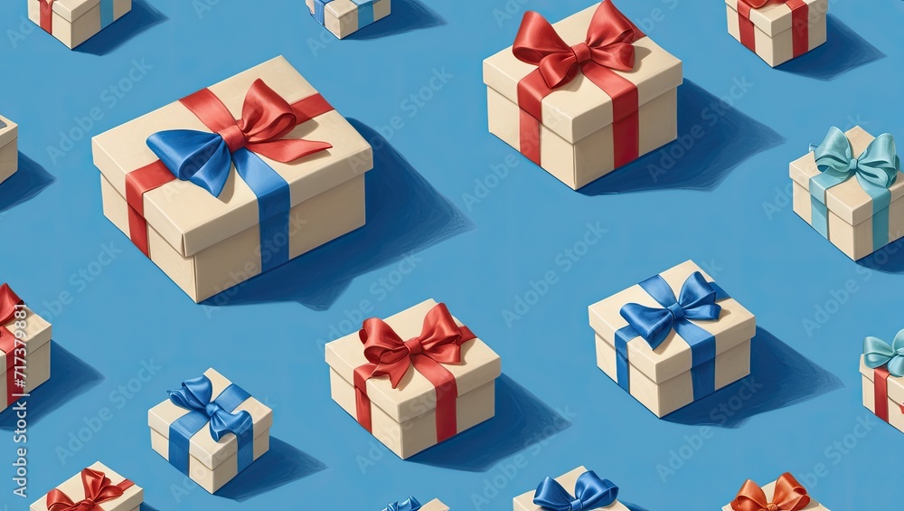 illustration of colorful gifts with bows and ribbons placed on blue background illustration of colorful gifts with bows and ribbons placed on blue background