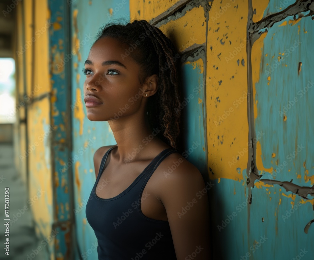a young afro American woman in a black tank top leaning between a paint colored wall a young afro American woman in a black tank top leaning between a paint colored wall