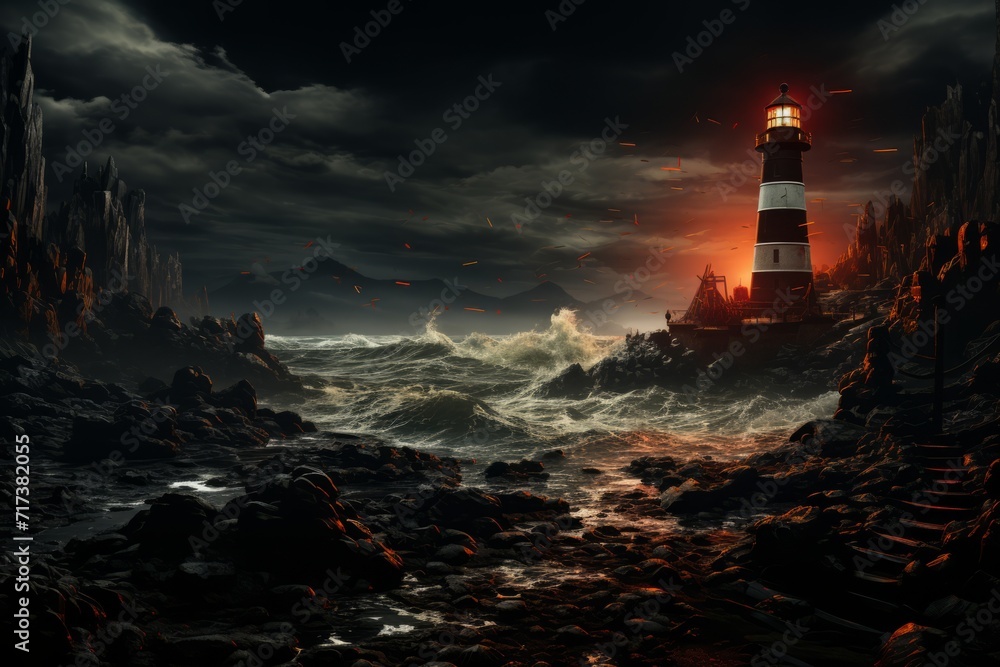 Majestic Lighthouse Overlooking the Ocean from a Rocky Island, on an isolated Midnight Black background, Generative AI