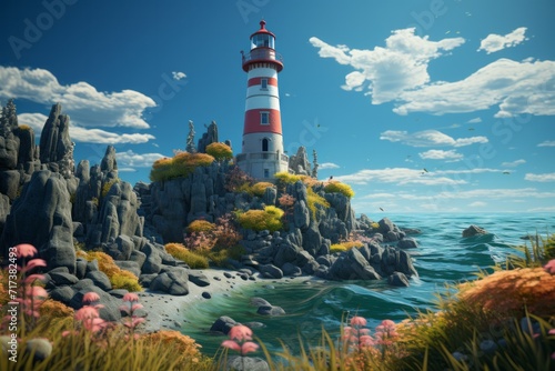 Nautical Lighthouse Perched on an Idyllic Island, on an isolated Navy Blue background, Generative AI
