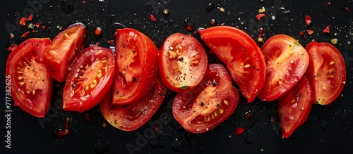 Isolated red tomato pieces on black background, healthy food. © 2rogan