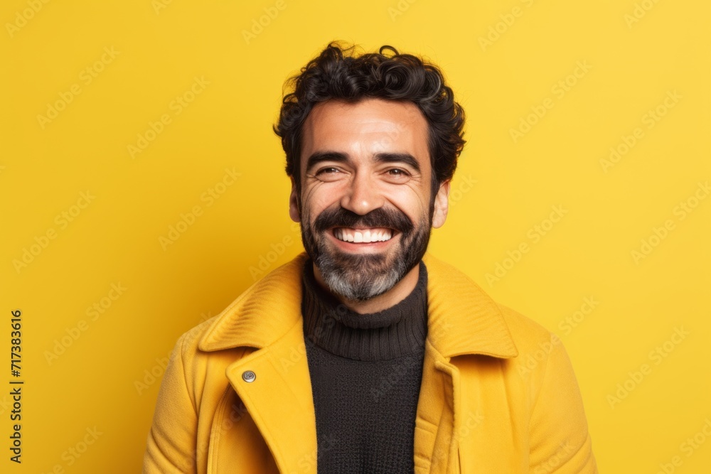 Portrait of a happy man in yellow coat over yellow background. Portrait of a happy man in yellow coat over yellow background.