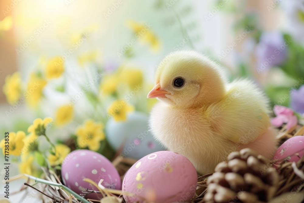 Chick with Easter eggs among spring flowers.
