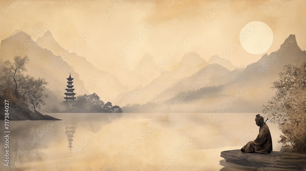 Scholar Overlooking Misty Mountains at Dawn - obrazy, fototapety, plakaty 