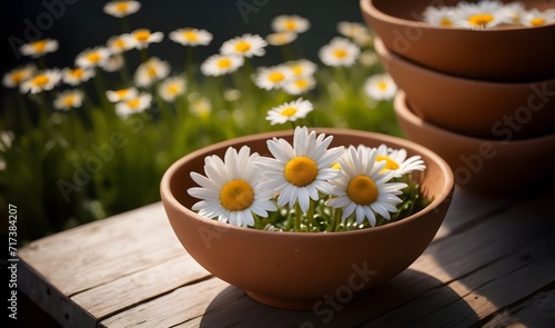 Vibrant Daisy Flowers Adorning a Water-Filled Clay Bowl 