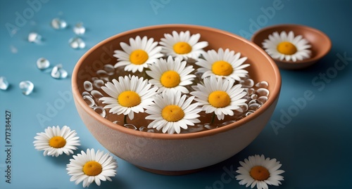 Vibrant Daisy Flowers Adorning a Water-Filled Clay Bowl  photo