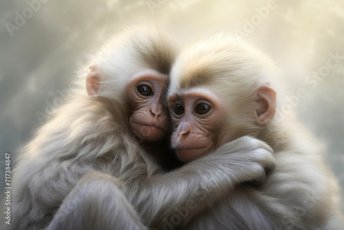 Mother monkey with her monkey child hug together in shinning light. Generative AI