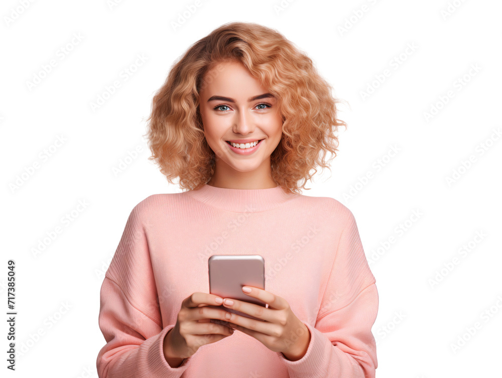 Portrait of a smiling, beautiful young woman holding a phone, isolated on transparent background Portrait of a smiling, beautiful young woman holding a phone, isolated on transparent background
