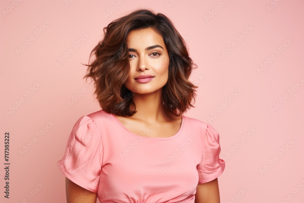Beauty portrait of young happy smiling woman in pink dress, over pink background Beauty portrait of young happy smiling woman in pink dress, over pink background