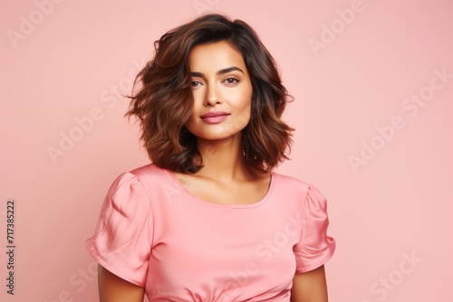 Beauty portrait of young happy smiling woman in pink dress, over pink background