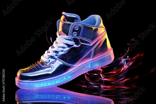 A holographic image of sports shoes with laces.