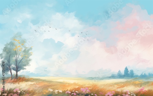 Abstract colorful pastel nature scenery oil painting with meadow  flowers  river  foliage. Natural view aesthetic abstract background canvas texture  brush strokes.