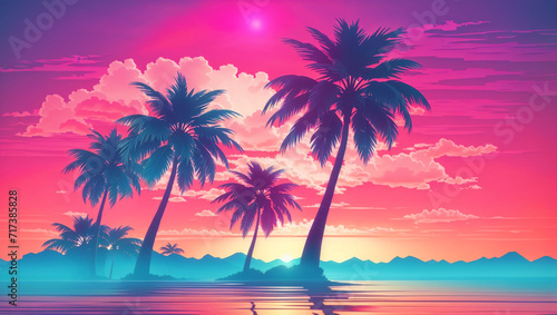 image of a palm tree silhouette in retro wave © itnozirmia