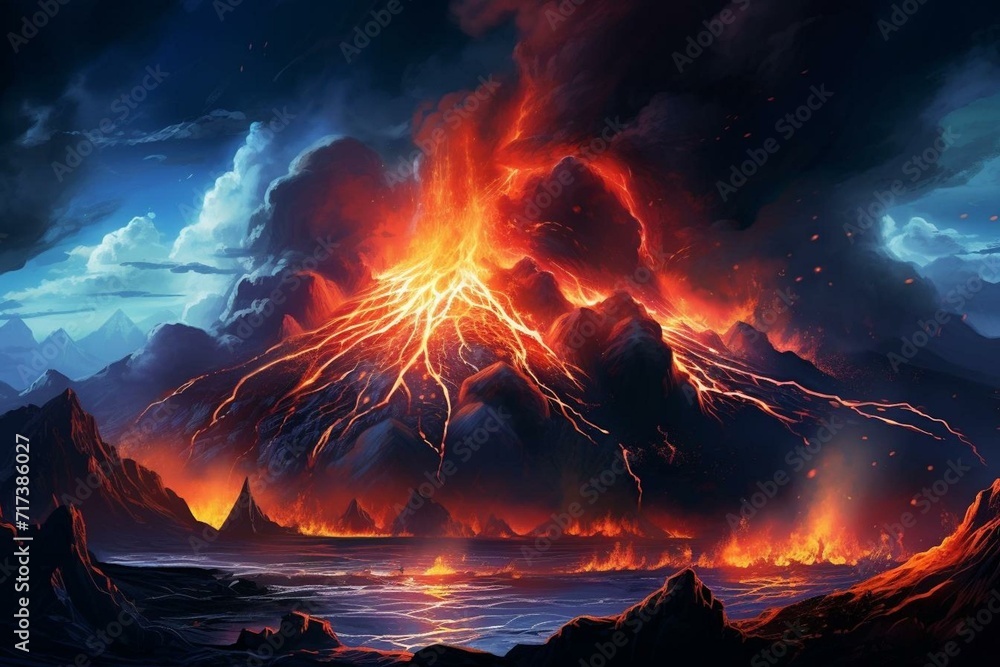 Nighttime long exposure illustration of erupting volcano with flowing lava, smoke, and lightning. Generative AI