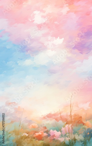 Abstract colorful pastel nature scenery oil painting with meadow, flowers, river, foliage. Natural view aesthetic abstract background canvas texture, brush strokes. © Surf Ink