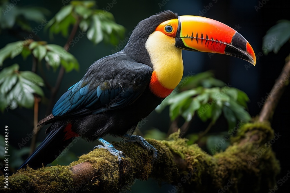 Colorful toucan resting on a tree branch in the rainforest, Generative AI Colorful toucan resting on a tree branch in the rainforest, Generative AI