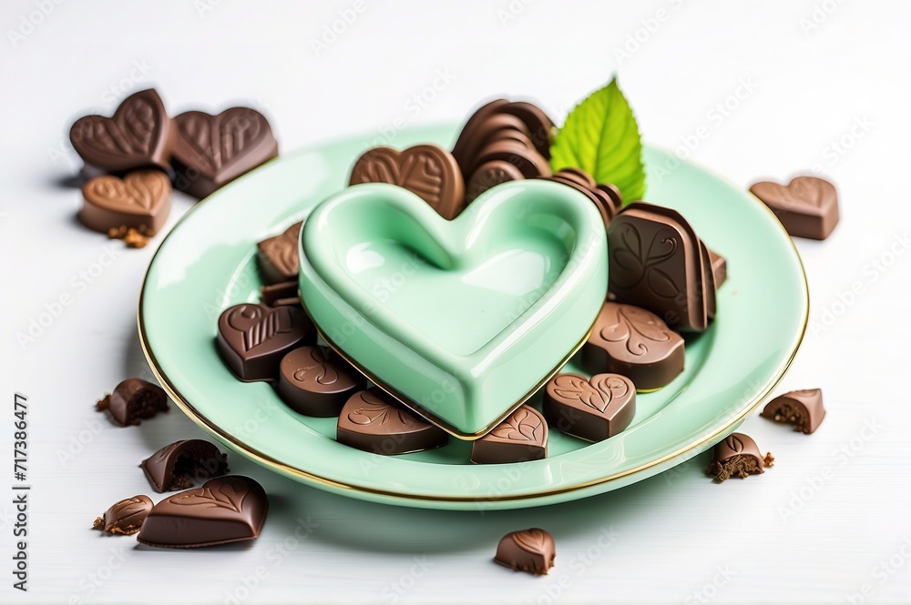 chocolate with heart shape and mint on the light green plate on the white background chocolate with heart shape and mint on the light green plate on the white background