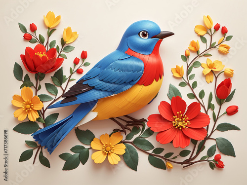 blue bird with red and yellow flowers © itnozirmia