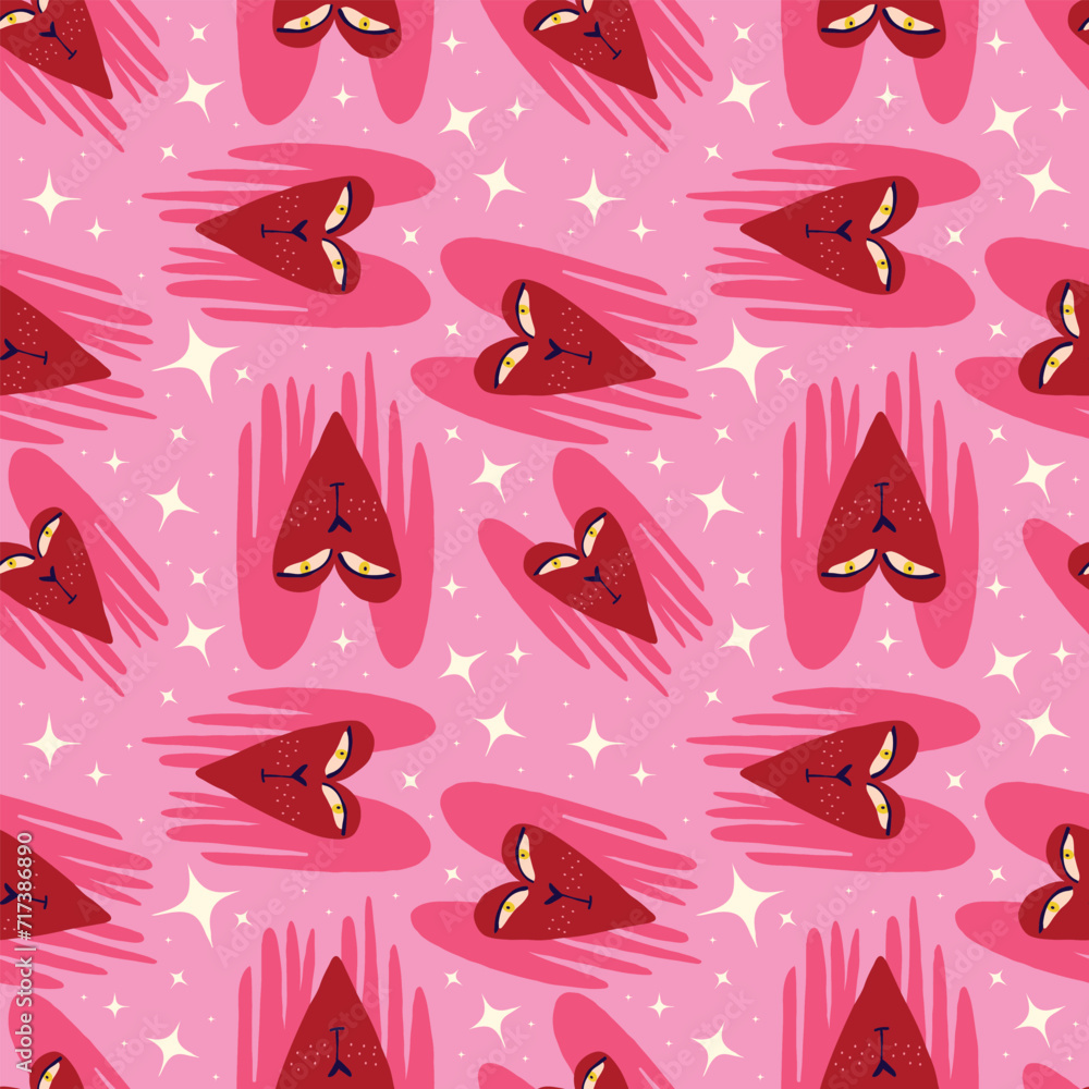 Cool strange hearts pattern. Bright Valentine's Day pattern with angels hearts