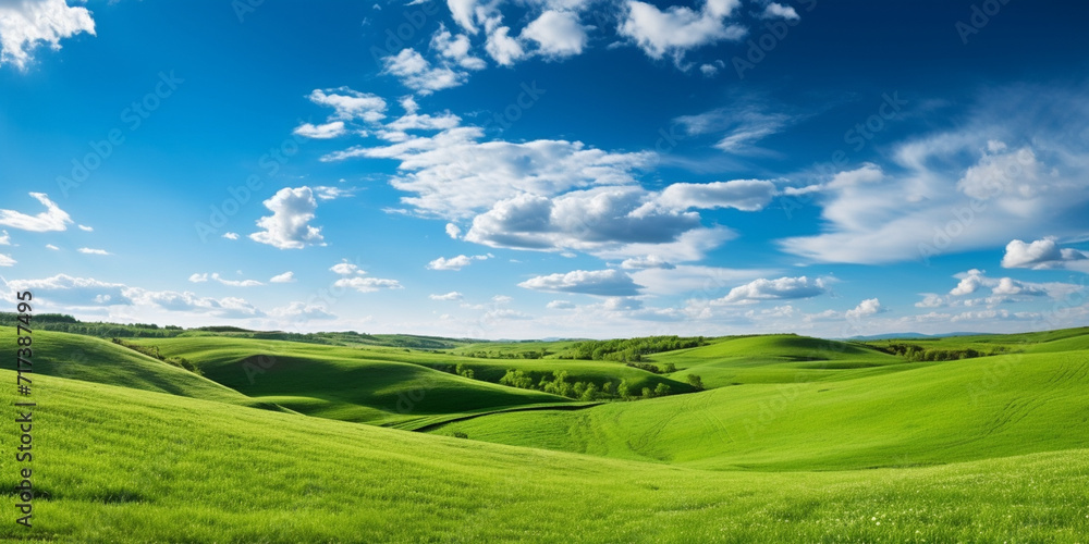 landscape with green grass and sky Beautiful Green Meadow And  Landscape Nature For Background.AI Generative
