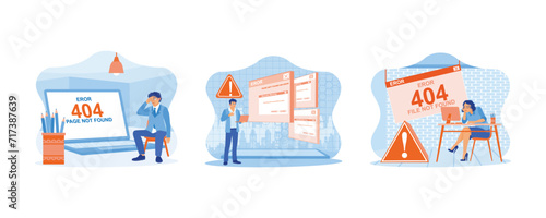 An angry programmer at work. 404 Error Page Not Found. Frustrated businesswoman. set flat vector modern illustration 