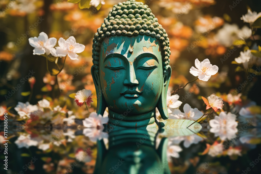 glowing golden Buddha face in a zen nature green garden, colorful paper cut flowers, cherry blossoms