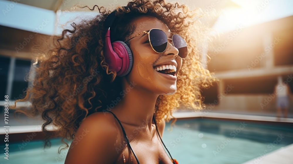 Girl in trendy sunglasses walking by swimming pool outside. Funny cheerful young woman in headphones enjoying music. Happy woman concept. - obrazy, fototapety, plakaty 