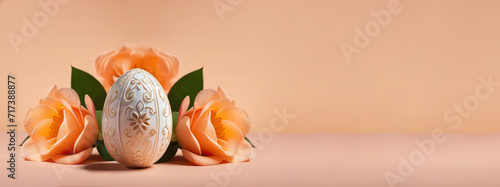 Minimalist Easter banner for your advertising with an egg decorated with a vintage pattern on a peach background