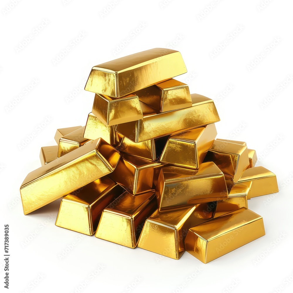 golden wealth accumulation, isolated white background. pile of gold bars image ideal for investment portfolio, economic growth, and riches representation in high resolution