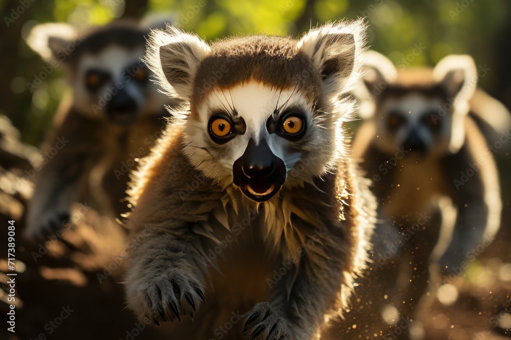 Fototapeta premium Family of lemurs leaping between trees in Madagascar, Generative AI