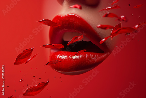 Seductive Red Lips: Desire, Sexy Vibes, and Valentine's Elegance with Rose Petals on a Red Background