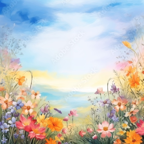 Abstract colorful pastel nature scenery flowers oil painting flowers. Natural view aesthetic abstract background canvas texture, brush strokes. © Surf Ink