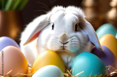 Close-up of a lop-eared bunny surrounded by colorful Easter eggs. Good Friday, Easter concept