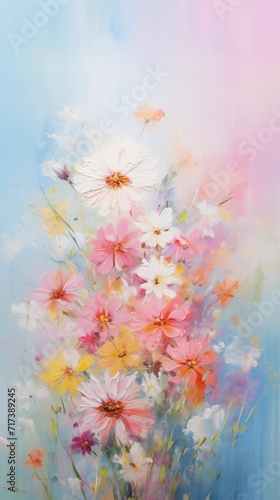 Abstract colorful pastel nature scenery flowers oil painting flowers. Natural view aesthetic abstract background canvas texture  brush strokes.