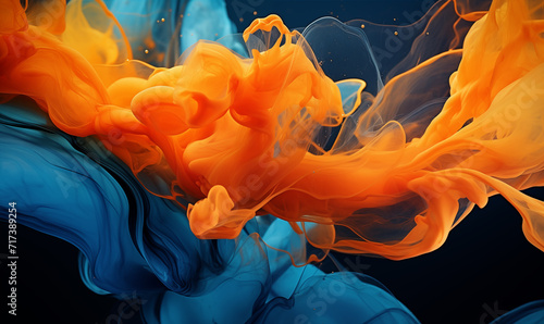 a swirl of ink paint wallpaper, blue and orange on dark background, abstract water shape pattern, modern 3D backdrop	