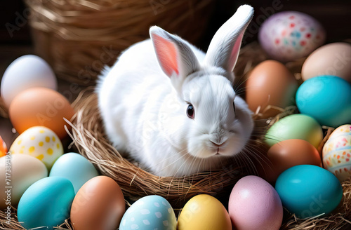 A cute bunny sits in a wicker basket with Easter eggs scattered around. Holy easter concept, good friday