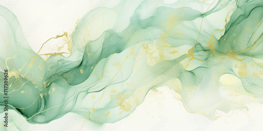 Green smoke on white ink background colorful fog abstract swirling emerald ocean sea acrylic paint pigment underwater.AI Generative
