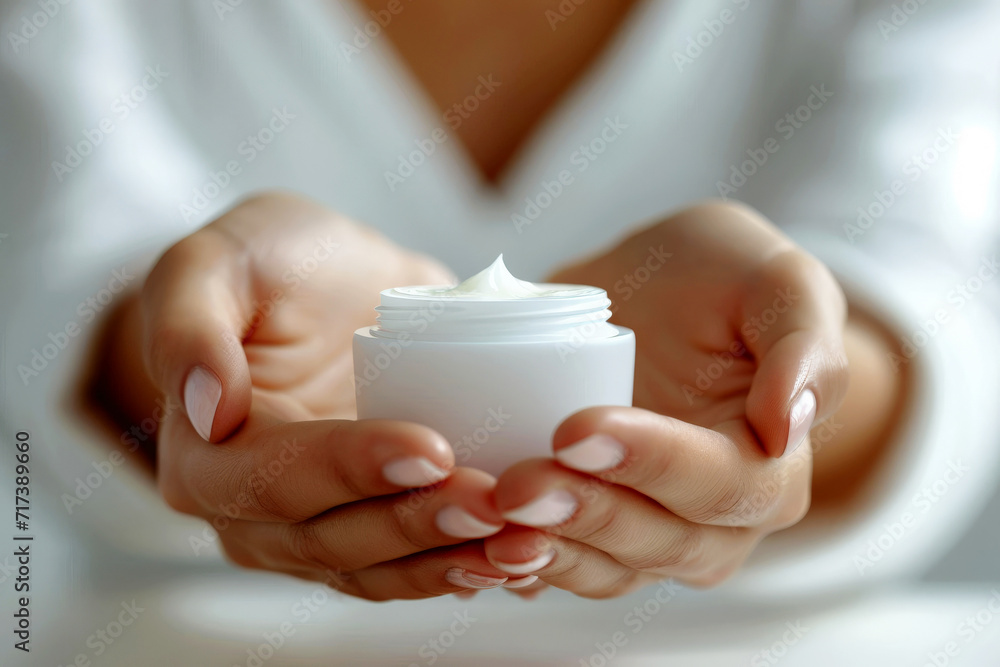 Woman hand holding moisturizer cream jar. Defocused background. Generative AI Woman hand holding moisturizer cream jar. Defocused background. Generative AI