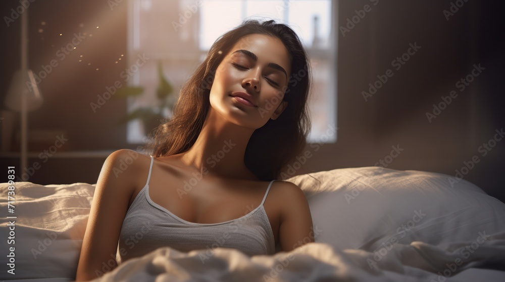 Girl wake up in the bed in modern room. copy space for text. Girl wake up in the bed in modern room. copy space for text.